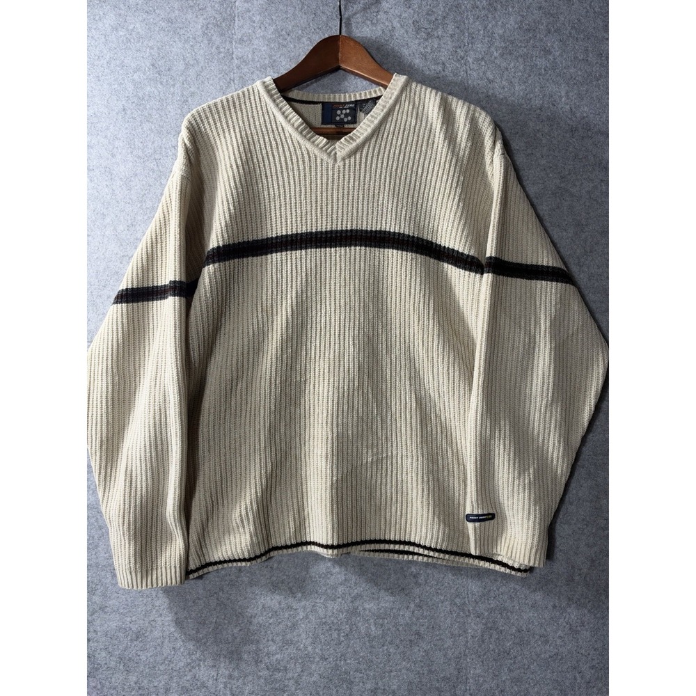 VTG Y2K Quiksilver V-Neck LS Beige Cream Sweater Ribbed Striped Men's LG Surf